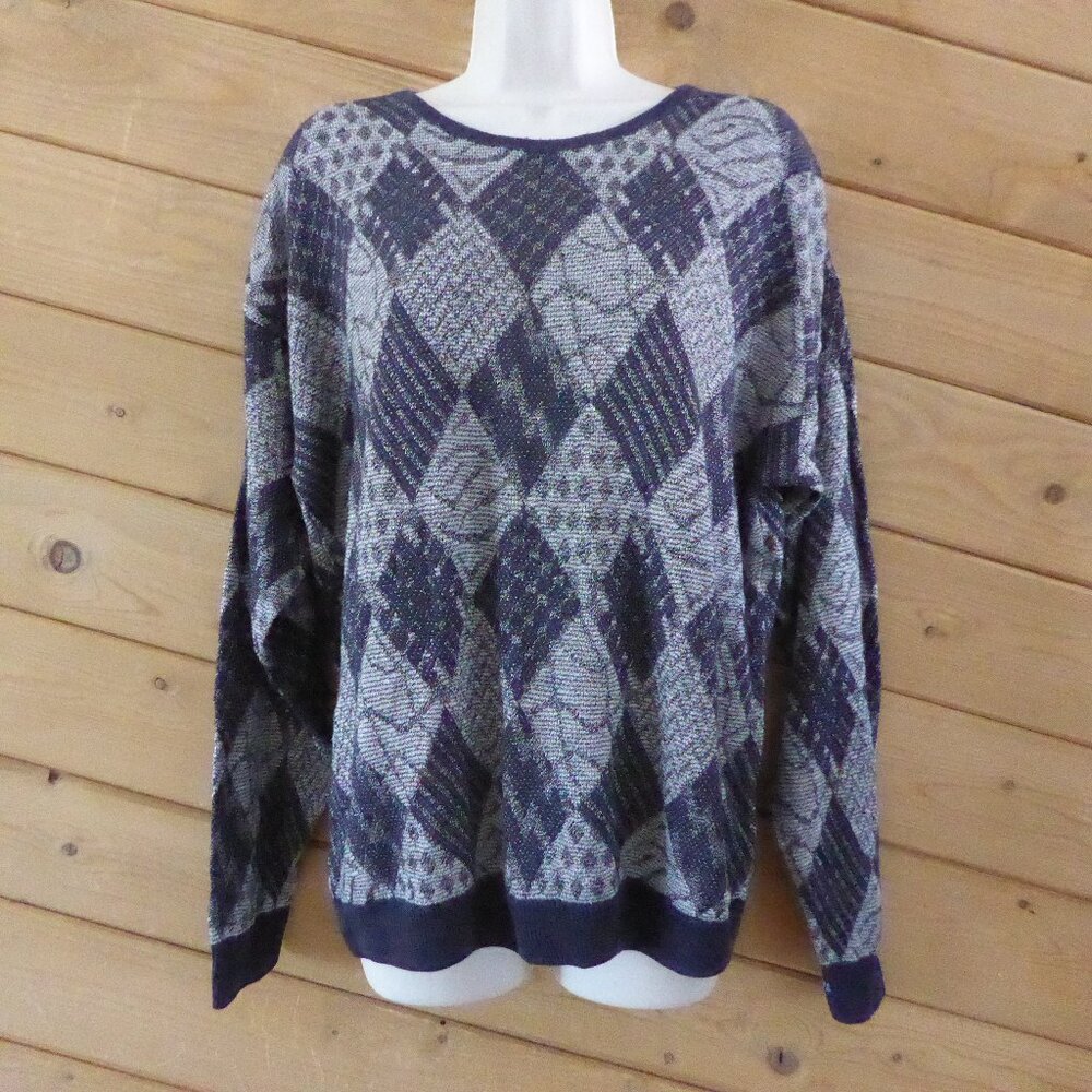 Made In Italy Argyle Checked Gray Linen Viscose Sweater Top V-neck Vintage L